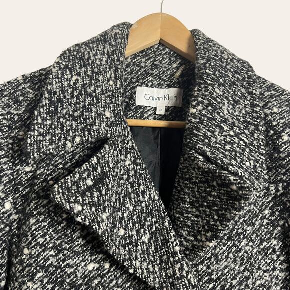 Calvin Klein Black White Boucle Tweed Knit Double Breasted Wool Blend Coat Sz 10 - Picture 2 of 8